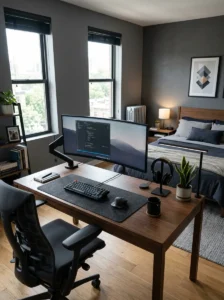 Decluttered men’s bedroom with open space and clean modern aesthetic