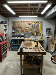 “Basement workshop with tools and organized workspace”