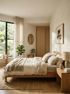 Japandi bedroom with natural light creating a calm atmosphere