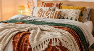 Throws and blankets adding warmth to a boho bedroom