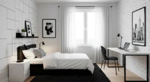 Black and white theme creating a sleek modern teen bedroom