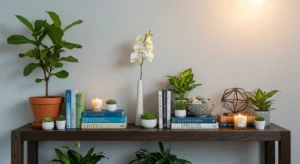 Balanced decor styling on behind sofa table