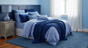 Mixed blue tones and textures creating a rich peaceful bedroom