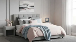 Grey bedroom with pastel accents creating a soft modern look