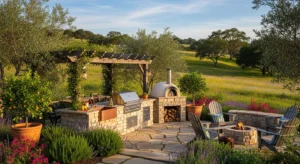 Open-air outdoor kitchen blending with nature