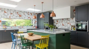 Balanced mix of bold and neutral colors in a kitchen