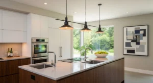Pendant lighting enhancing a white kitchen design