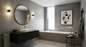 Textured grey walls adding visual interest