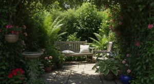 Secret garden corner creating a private retreat
