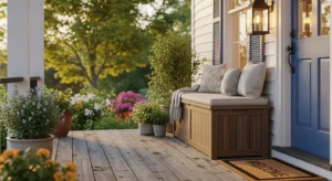 Storage bench adding function to porch