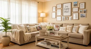 Personal decor adding warmth to beige room