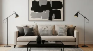 Beige sofa with dark accents creating contrast and depth