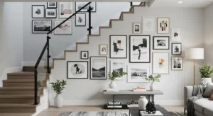 Under stairs gallery wall displaying art and personal photos