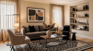 Black and beige combination creating cozy modern living room