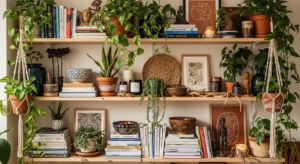 Open shelving in boho living room