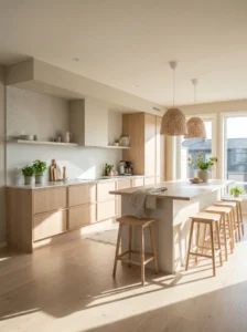 White oak kitchen cabinets in a bright modern interior