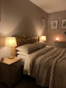 Neutral bedroom with warm lighting creating a cozy and inviting space