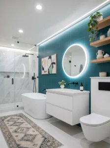 Bathroom with bold teal accent wall and modern design