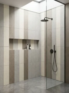 Vertical tile shower pattern making bathroom appear taller and spacious