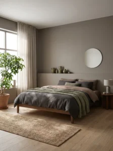Ash brown and muted green bedroom with modern earthy style