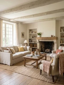 cozy lived-in French country living room layout idea