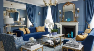 Blue and gold living room decor