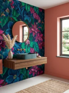 Bathroom with statement wallpaper bold design feature wall