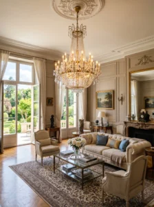 Glass and crystal lighting fixture reflecting light in a bright living room