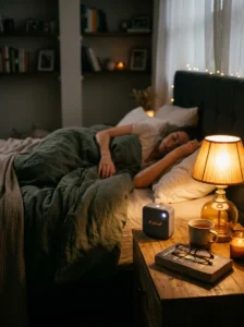 Cozy teen bedroom with speaker setup for relaxing music and ambiance