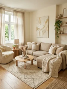 Cohesive color palette in a small living room creating a unified and calm look