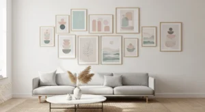 White walls decorated with soft neutral art prints for a calming look