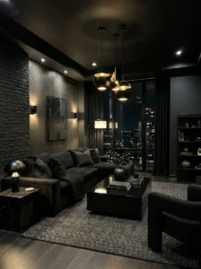Monochrome black living room with layered textures and modern styling