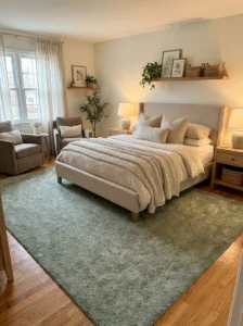 green rug bedroom adding warmth and grounding to space