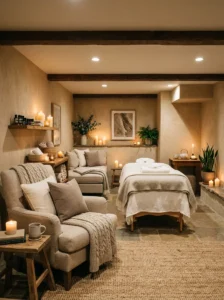 “Basement spa room with soft lighting and calming decor”