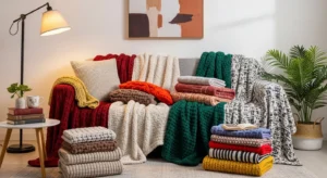 Colorful throw blankets adding warmth and style to a living room