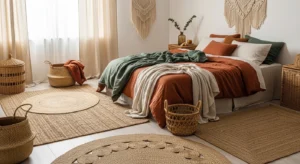 Natural fiber decor enhancing a boho bedroom style
