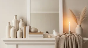 Neutral tone fireplace mantle decor