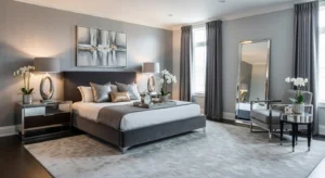 Grey bedroom with metallic accents adding a luxurious touch