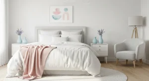 White bedroom with pastel accents creating a soft look
