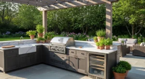 Outdoor kitchen with marble surfaces for a luxury feel