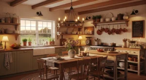 Warm lighting creating a cozy farmhouse kitchen atmosphere
