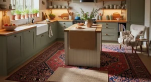 Layered rugs adding warmth to a white kitchen
