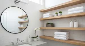 Open shelving keeping bathroom organized