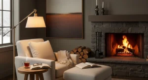 Reading nook near fireplace