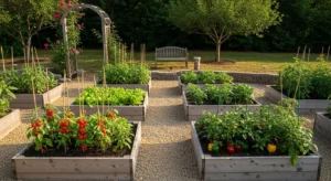 Multi-bed raised garden layout in backyard