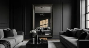 Mirror reflecting light in black living room to brighten space