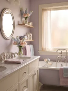 Lavender bathroom with soft pastel tones and elegant styling