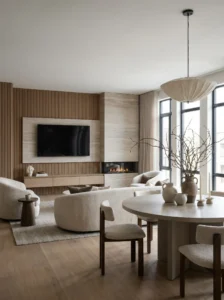 Focal points defining living and dining areas in combo space