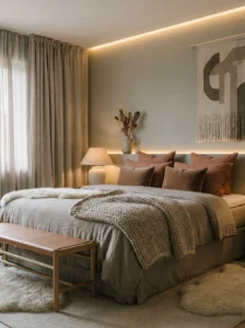 Greige bedroom with clay accents and modern neutral styling