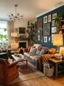 Living room mixing vintage and modern lighting styles for a unique look